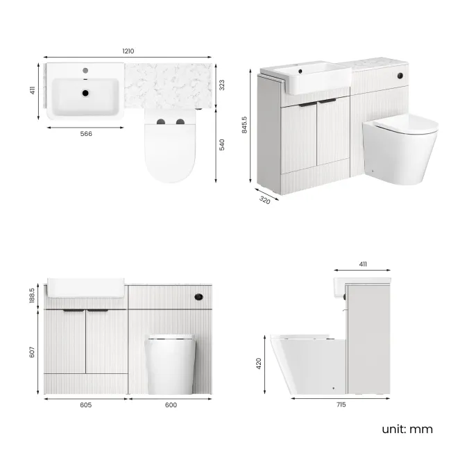 Sicily Fluted Coastal White Combination Vanity Basin with Marble Top & Boston Toilet 1200mm - Black Accents