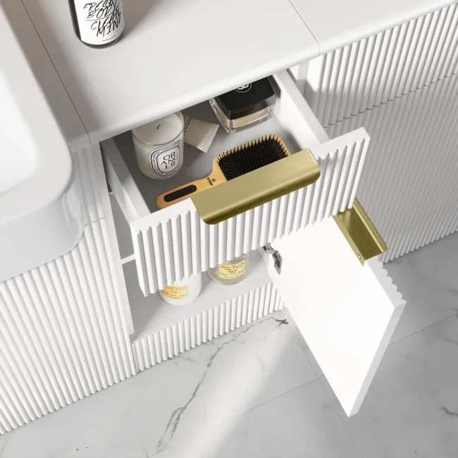 Sicily Fluted Coastal White Side Cabinet Unit 300mm - Brushed Brass Accents