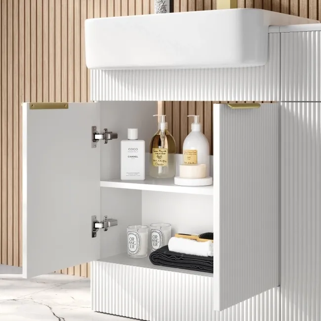 Sicily Fluted Coastal White Vanity with Semi Recessed Basin 600mm - Brushed Brass Accents