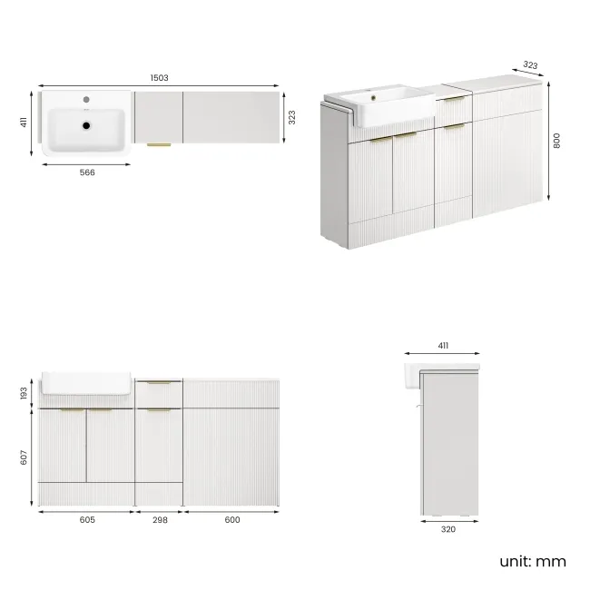 Sicily Fluted Coastal White Combination Vanity Basin 1500mm (Excludes Toilet) - Brushed Brass Accents