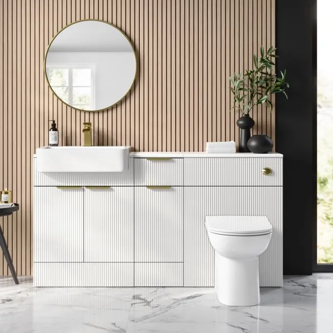 Sicily Fluted Coastal White Combination Vanity Basin and Aruba Toilet 1500mm - Brushed Brass Accents