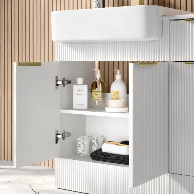 Sicily Fluted Coastal White Combination Vanity Basin and Aruba Toilet 1500mm - Brushed Brass Accents