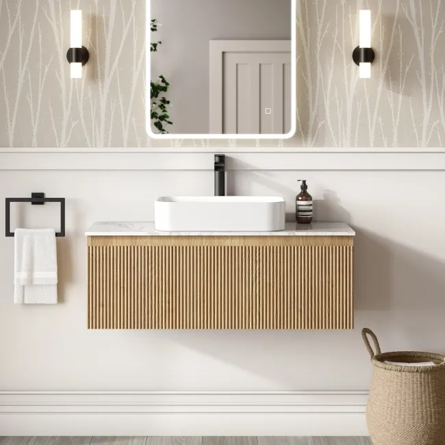 Malta Fluted Country Oak Wall Hung Drawer Vanity with Marble Top & Marin Basin 1000mm