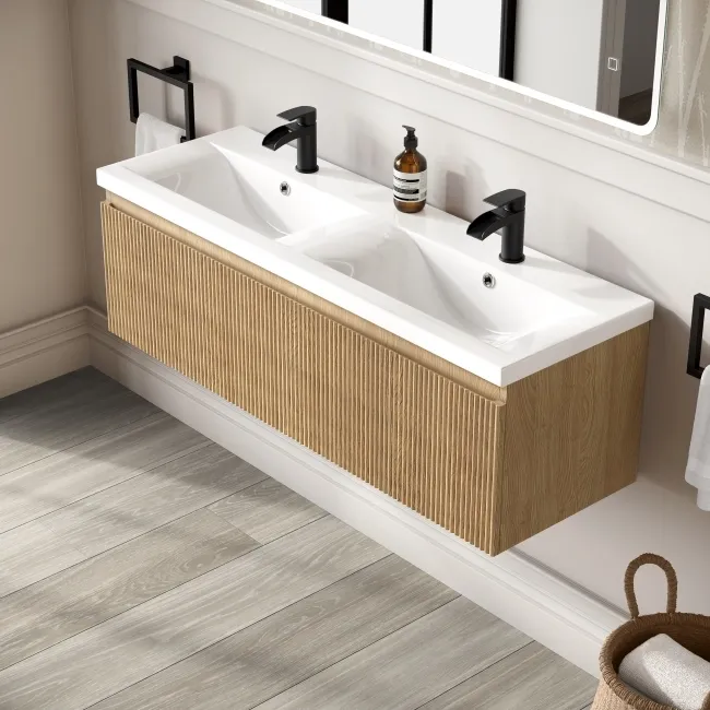 Malta Fluted Country Oak Wall Hung Double Basin Drawer Vanity 1200mm