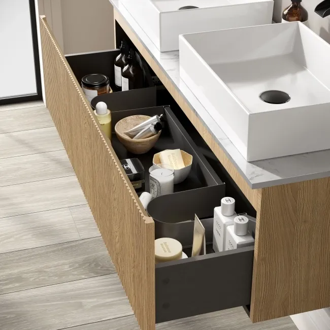 Malta Fluted Country Oak Double Wall Hung Drawer Vanity with Marble Top & Cody Basin 1200mm