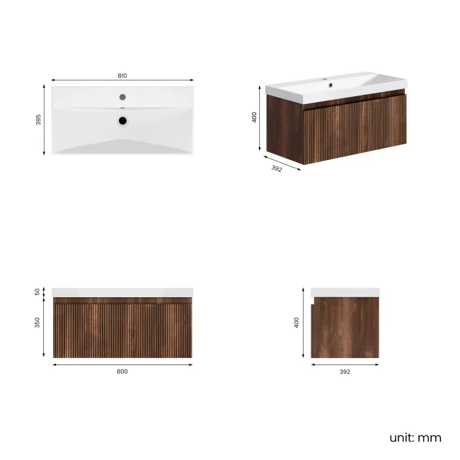 Malta Fluted Black Walnut Wall Hung Basin Drawer Vanity 800mm