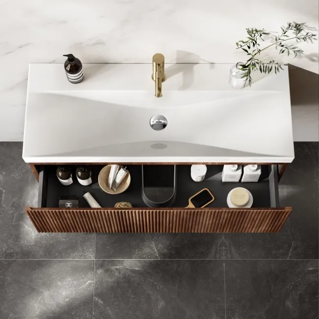 Malta Fluted Black Walnut Wall Hung Basin Drawer Vanity 1000mm