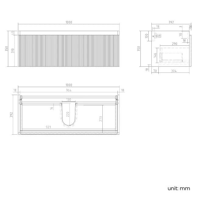 Malta Fluted Black Walnut Wall Hung Basin Drawer Vanity 1000mm