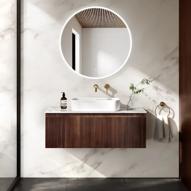 Malta Fluted Black Walnut Wall Hung Drawer Vanity with Marble Top & Marin Basin 1000mm