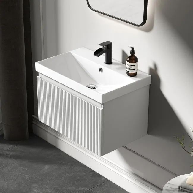 Malta Fluted Coastal White Wall Hung Basin Drawer Vanity 600mm