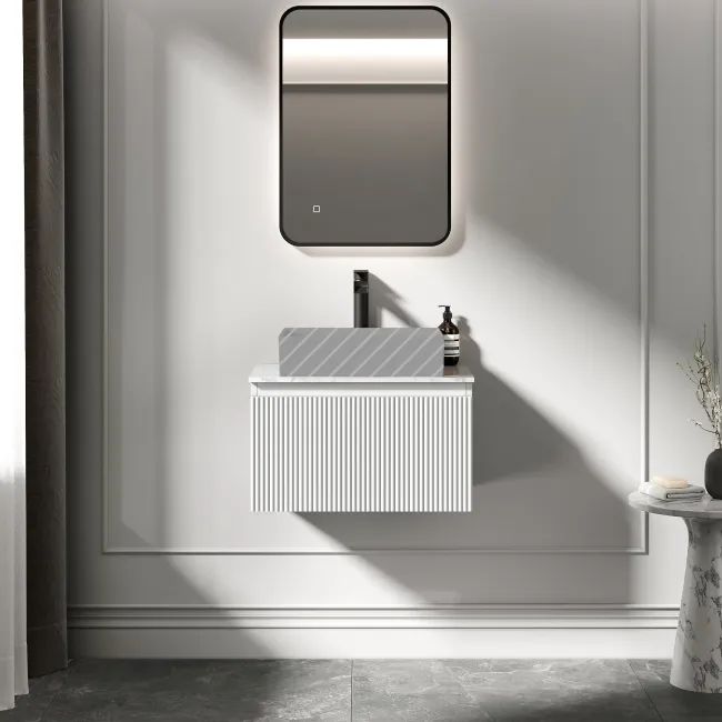 Malta Fluted Coastal White Wall Hung Drawer Vanity with Marble Top 600mm - Excludes Counter Top Basin