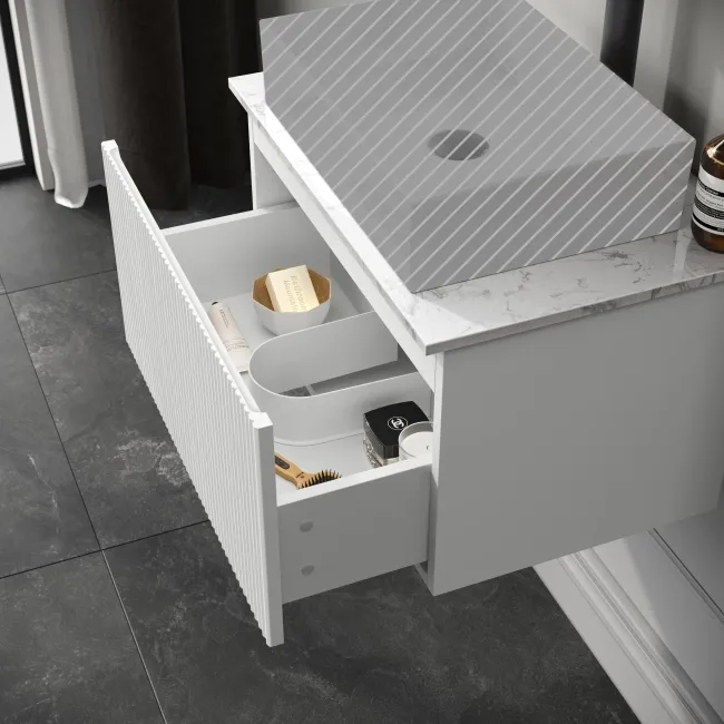 Malta Fluted Coastal White Wall Hung Drawer Vanity with Marble Top 600mm - Excludes Counter Top Basin