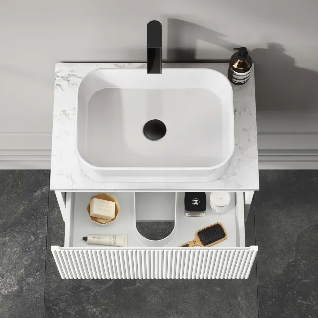 Malta Fluted Coastal White Wall Hung Drawer Vanity with Marble Top & Marin Basin 600mm