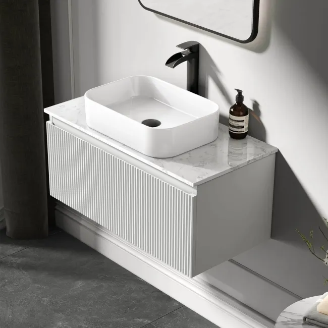 Malta Fluted Coastal White Wall Hung Drawer Vanity with Marble Top & Marin Basin 800mm