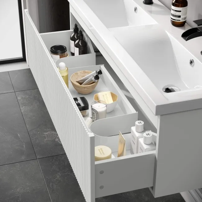 Malta Fluted Coastal White Wall Hung Double Basin Drawer Vanity 1200mm