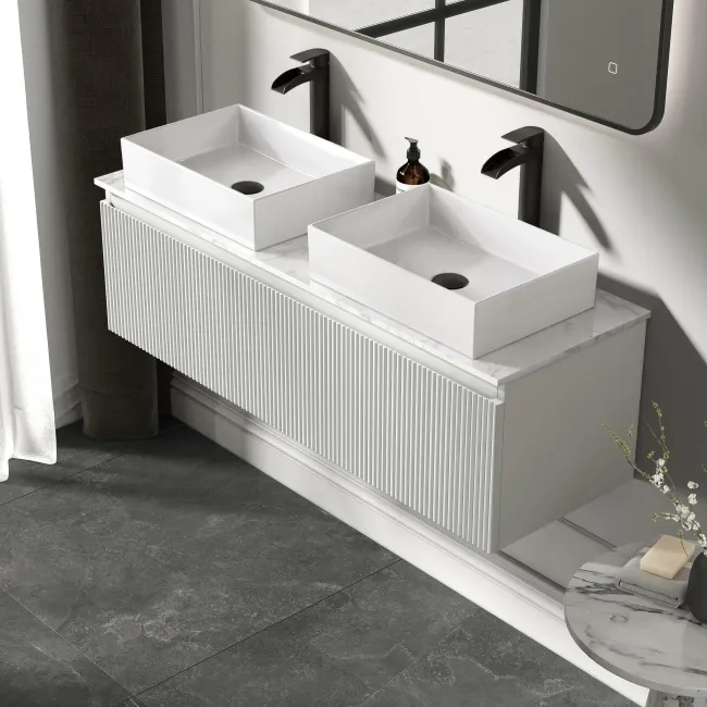 Malta Fluted Coastal White Double Wall Hung Drawer Vanity with Marble Top & Cody Basin 1200mm