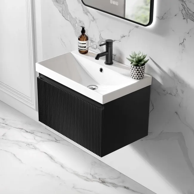 Malta Fluted Matt Black Wall Hung Basin Drawer Vanity 600mm