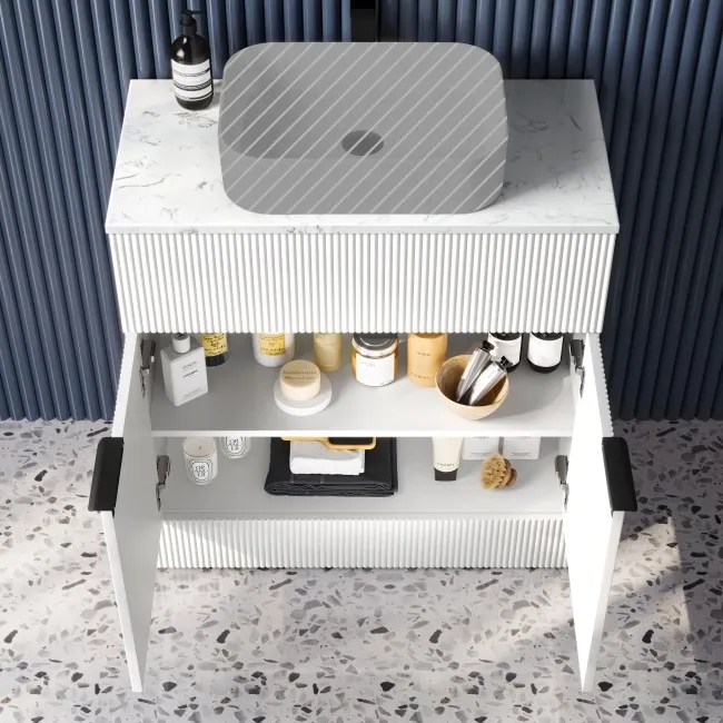 Havana Fluted Coastal White Cabinet with Marble Top 800mm (Excludes Counter Top Basin) - Black Accents