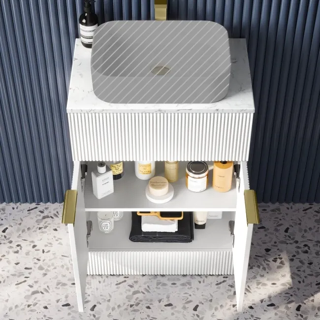 Havana Fluted Coastal White Cabinet with Marble Top 600mm (Excludes Counter Top Basin) - Brushed Brass Accents