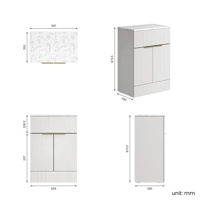 Havana Fluted Coastal White Cabinet with Marble Top 600mm (Excludes Counter Top Basin) - Brushed Brass Accents