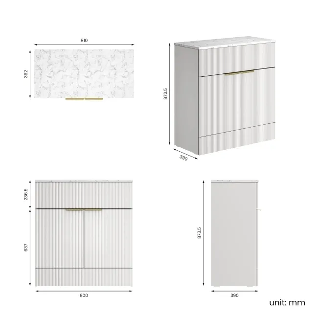 Havana Fluted Coastal White Cabinet with Marble Top 800mm (Excludes Counter Top Basin) - Brushed Brass Accents