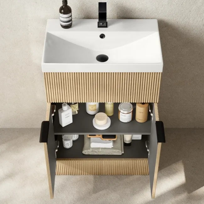 Havana Fluted Country Oak Basin Vanity 600mm - Black Accents