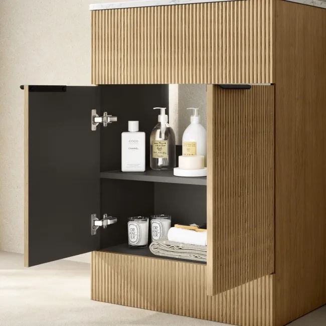 Havana Fluted Country Oak Cabinet with Marble Top & Marin Basin 600mm - Black Accents