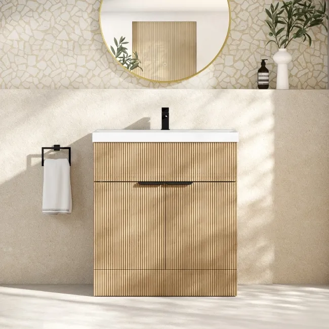 Havana Fluted Country Oak Basin Vanity 800mm - Black Accents