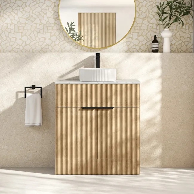 Havana Fluted Country Oak Cabinet with Marble Top & Nevis Basin 800mm - Black Accents