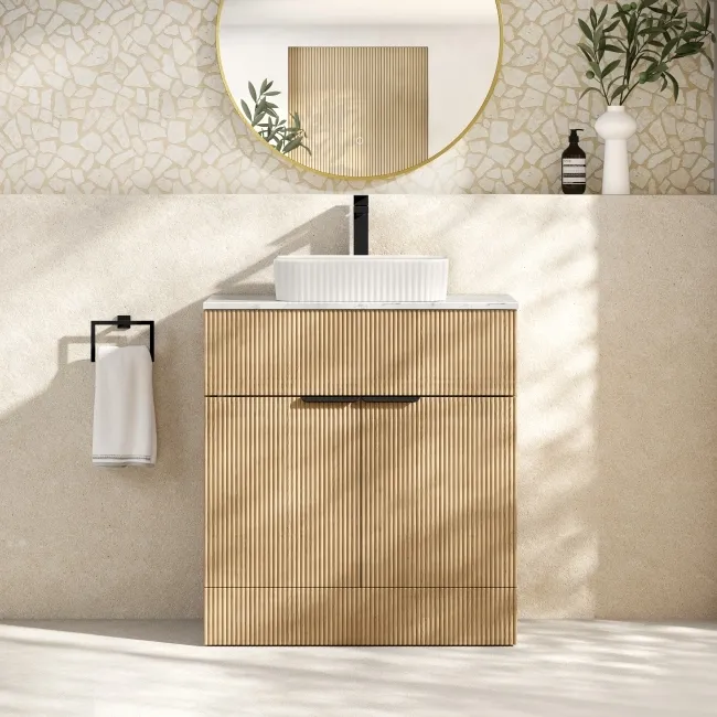 Havana Fluted Country Oak Cabinet with Marble Top & Reno Basin 800mm - Black Accents