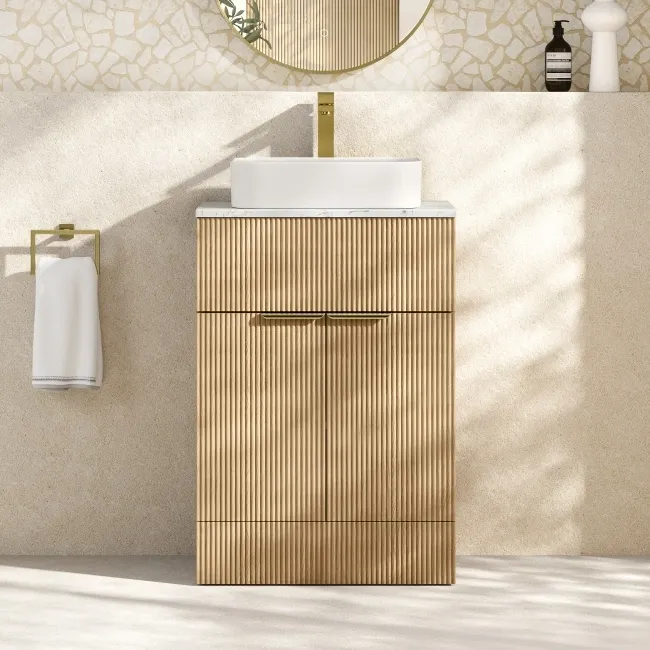 Havana Fluted Country Oak Cabinet with Marble Top & Marin Basin 600mm - Brushed Brass Accents