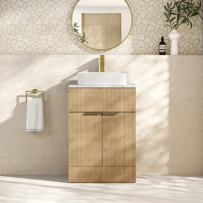Havana Fluted Country Oak Cabinet with Marble Top & Marin Basin 600mm - Brushed Brass Accents