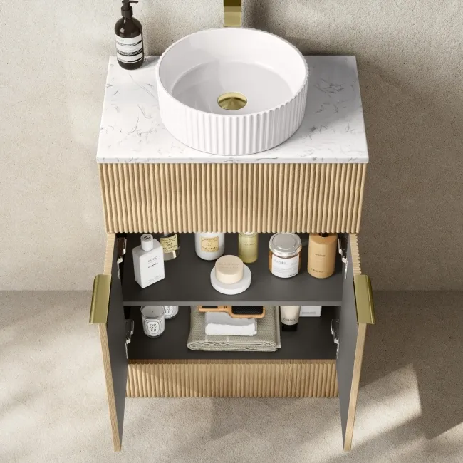 Havana Fluted Country Oak Cabinet with Marble Top & Nevis Basin 600mm - Brushed Brass Accents