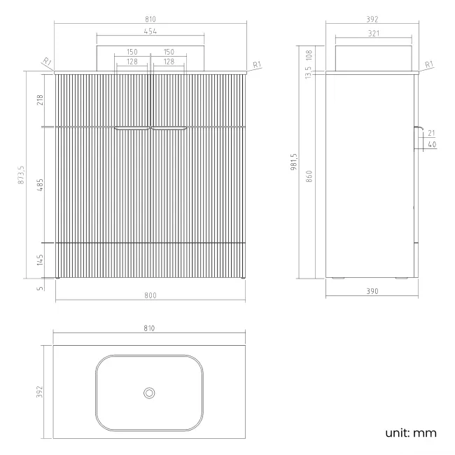 Havana Fluted Country Oak Cabinet with Marble Top & Marin Basin 800mm - Brushed Brass Accents