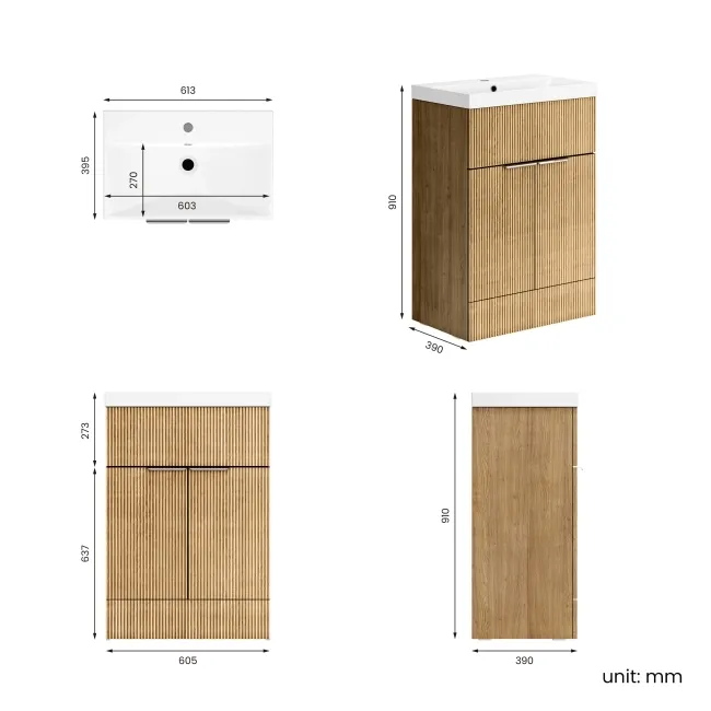 Havana Fluted Country Oak Basin Vanity 600mm - Chrome Handles