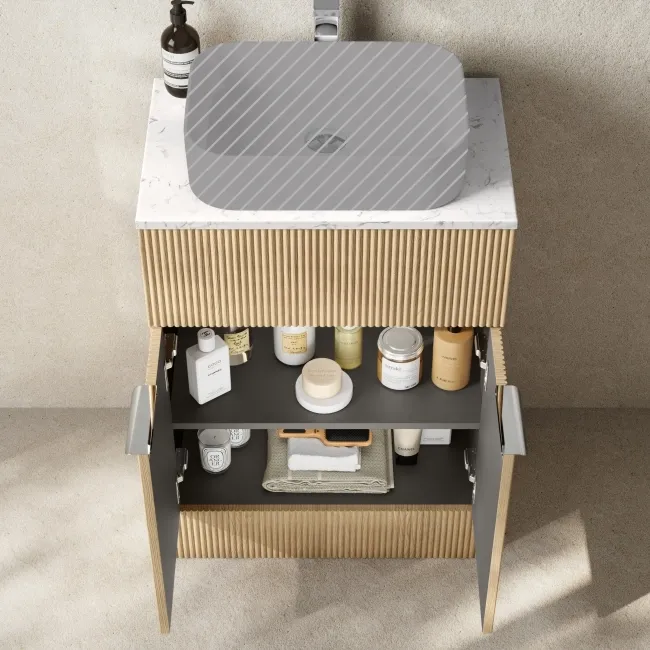 Havana Fluted Country Oak Cabinet with Marble Top 600mm (Excludes Counter Top Basin) - Chrome Handles