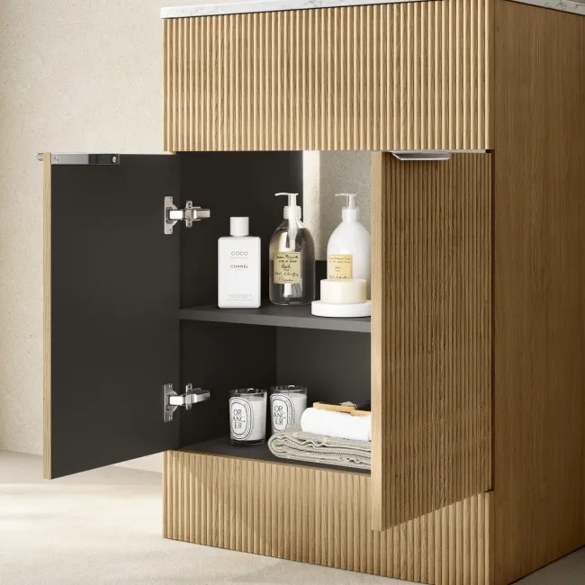 Havana Fluted Country Oak Cabinet with Marble Top 600mm (Excludes Counter Top Basin) - Chrome Handles