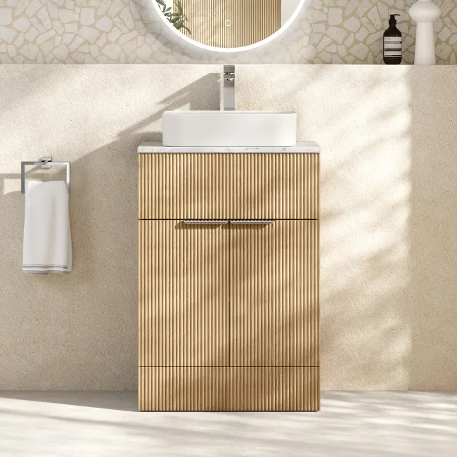 Havana Fluted Country Oak Cabinet with Marble Top & Marin Basin 600mm - Chrome Handles