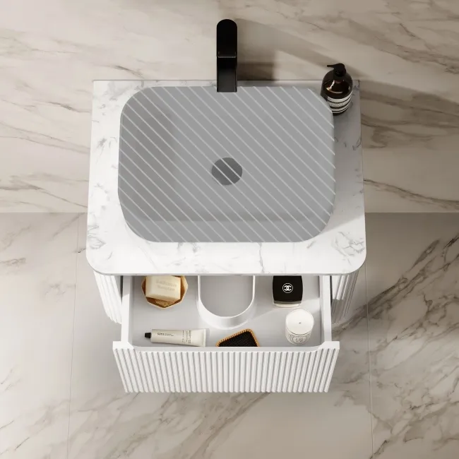 Sorrento Fluted Coastal White Wall Hung Drawer Vanity with Marble Top 600mm - Excludes Counter Top Basin