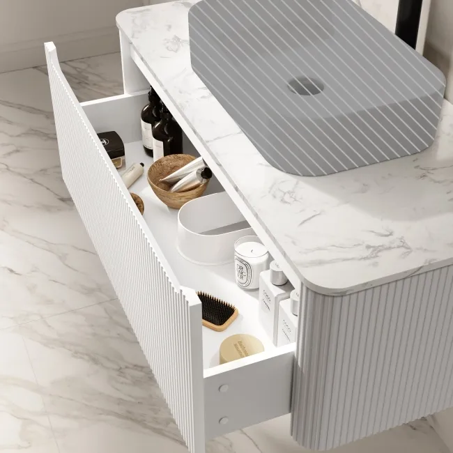 Sorrento Fluted Coastal White Wall Hung Drawer Vanity with Marble Top 1000mm - Excludes Counter Top Basin