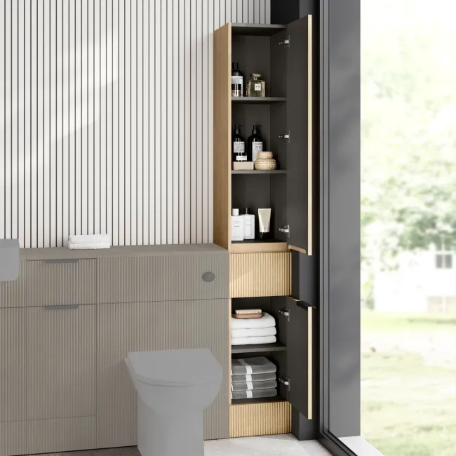 Sicily Fluted Country Oak Floor Standing Tall Cabinet Unit 1900x300mm - Black Accents