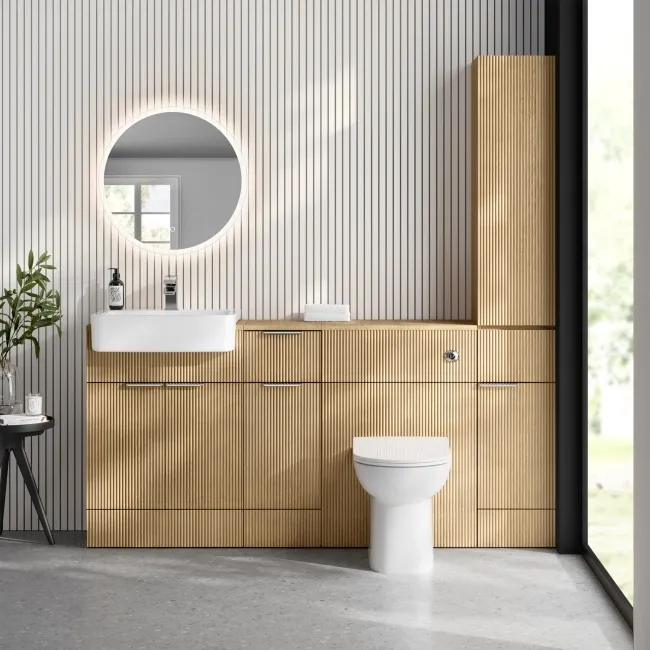 Sicily Fluted Country Oak Floor Standing Tall Cabinet Unit 1900x300mm - Chrome Handles