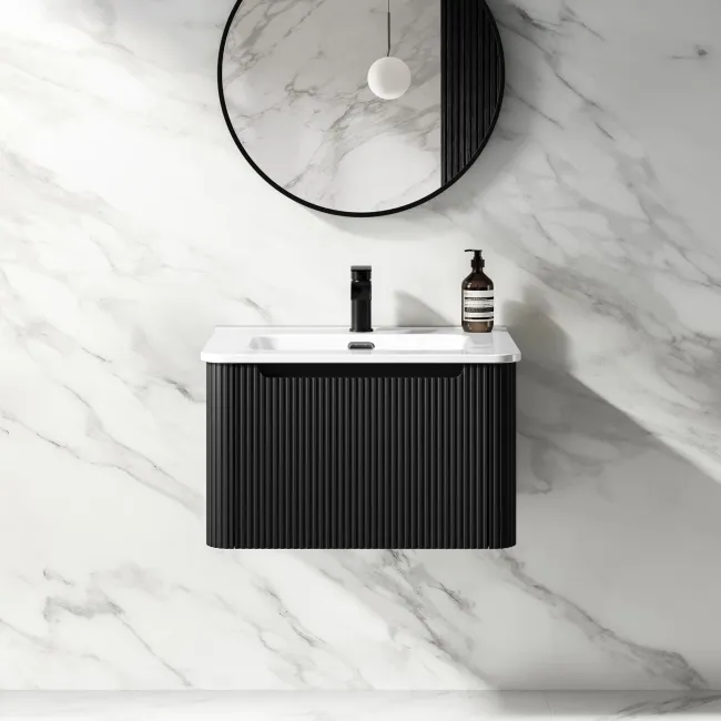 Sorrento Fluted Matt Black Wall Hung Basin Drawer Vanity 600mm