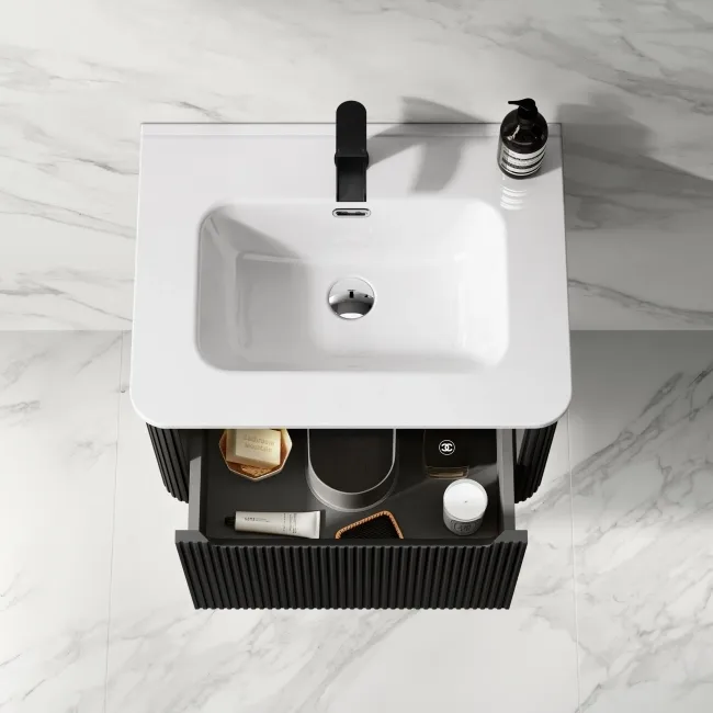 Sorrento Fluted Matt Black Wall Hung Basin Drawer Vanity 600mm
