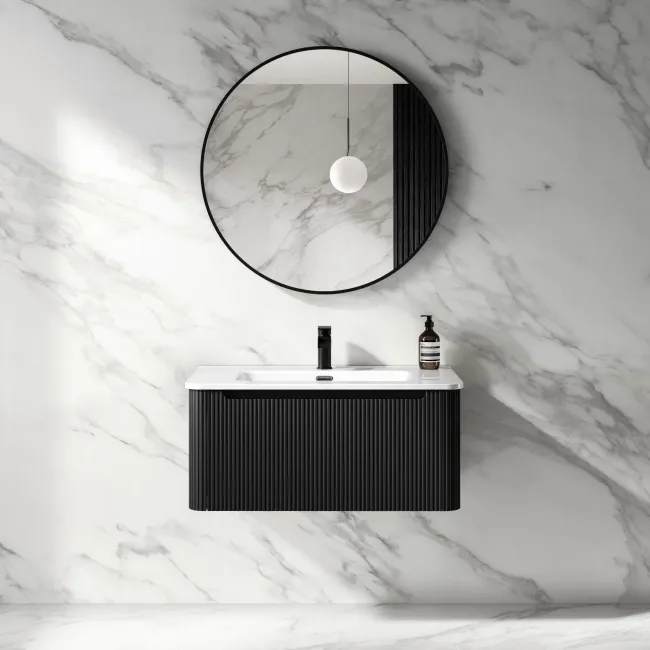 Sorrento Fluted Matt Black Wall Hung Basin Drawer Vanity 800mm