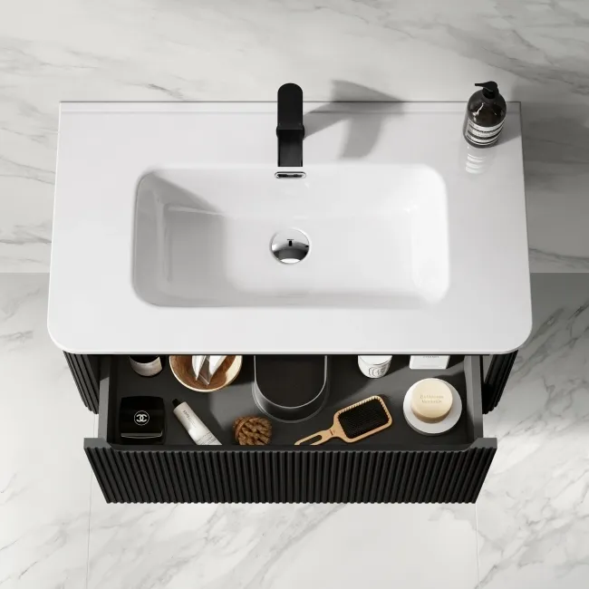 Sorrento Fluted Matt Black Wall Hung Basin Drawer Vanity 800mm