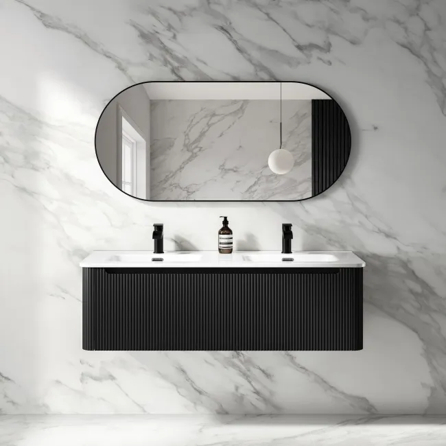 Sorrento Fluted Matt Black Wall Hung Double Basin Drawer Vanity 1200mm