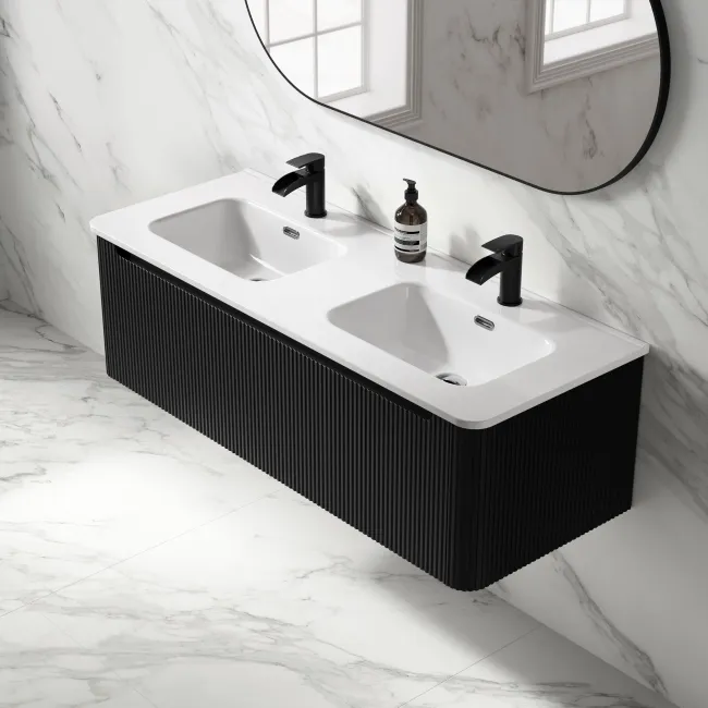 Sorrento Fluted Matt Black Wall Hung Double Basin Drawer Vanity 1200mm