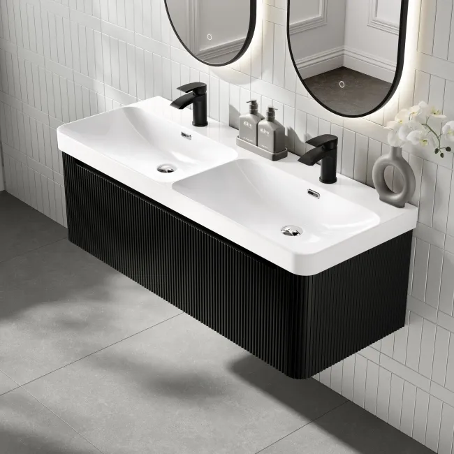 Sorrento Fluted Matt Black Wall Hung Double Basin Drawer Vanity 1200mm