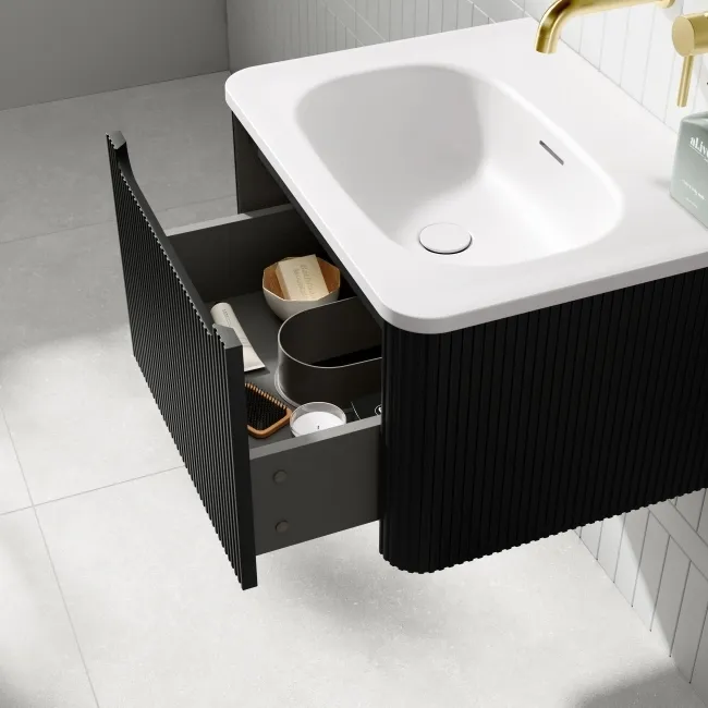 Sorrento Fluted Matt Black Wall Hung Drawer Vanity with Matt White Basin 600mm